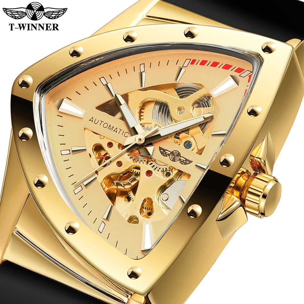 T-Winner High Range Men's Automatic Mechanica Watches Luminous Luxury Tourbillon Gold Wristwatch Rubber Strap Triangle Skeleton