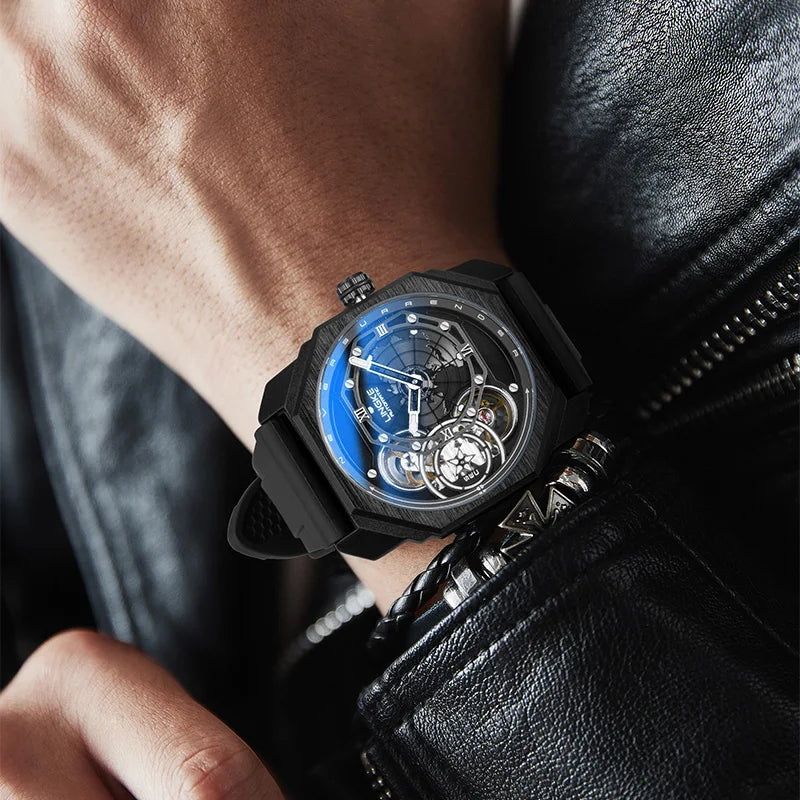 Skeleton Automatic Mechanical Watch Black Silicone Strap Men Clock Male Orologio Man Sliver Steampunk Hombre Relogio Masculino
