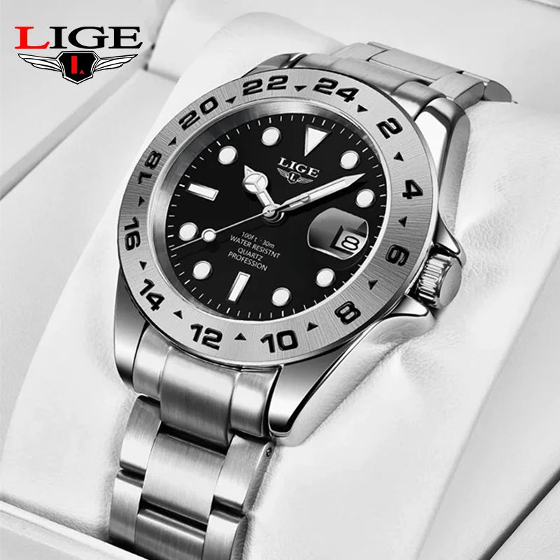 LIGE Luxury Man Watch Fashion Classic Business 30M Waterproof Luminous Quartz Wristwatch Stainless Steel Calendar Men Watches