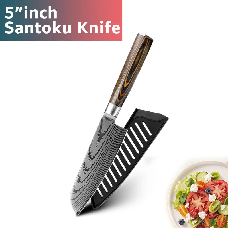 Kitchen Knife Chef Knives Japanese 7CR17 440C High Carbon Stainless Steel Imitation Damascus Sanding Laser Knife
