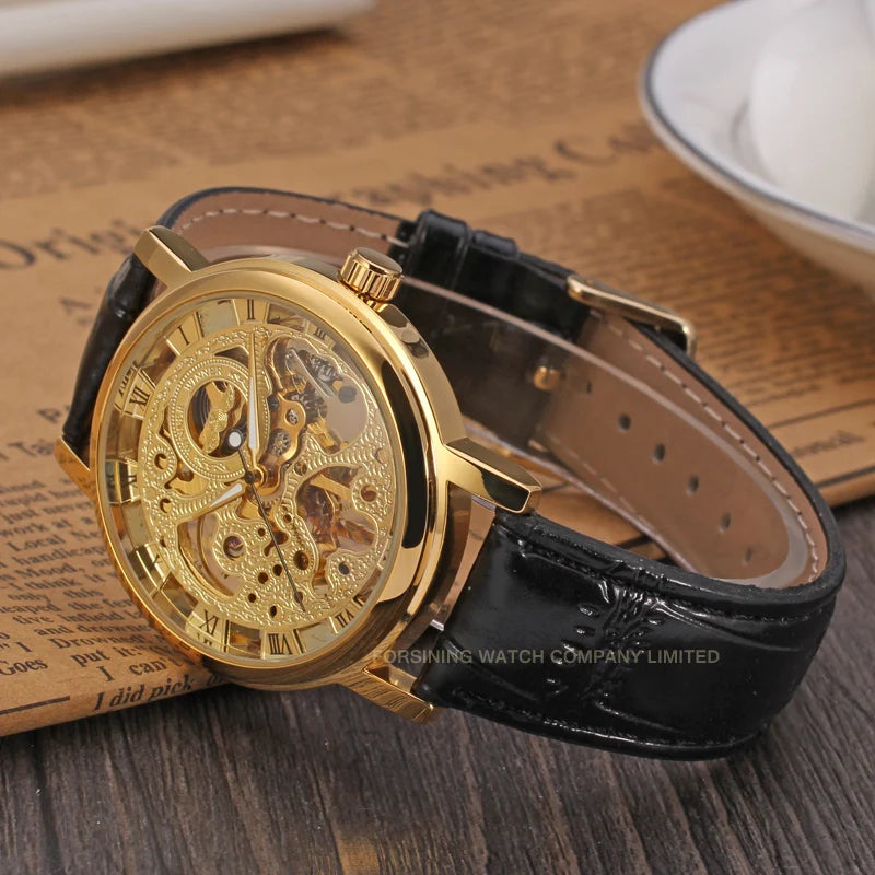 Luxury Brand New Style Golden Skeleton Watches Men Black Leather Strap Mechanical Hand Wind Wristwatches Nice Gift