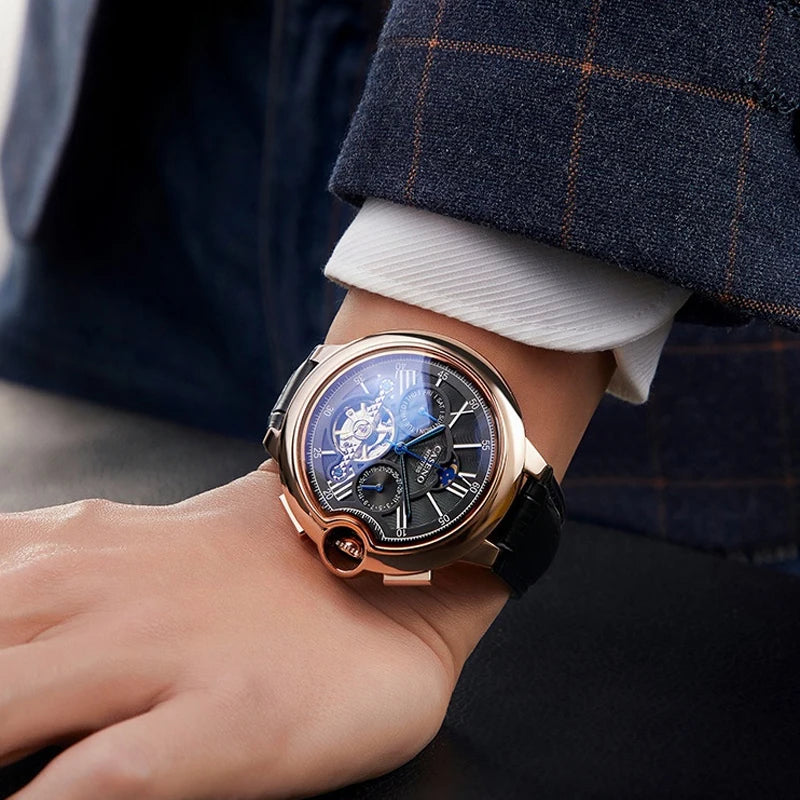 Men Watches Luxury Moon Phase Automatic Mechanical Watch Week Date Tourbillon Clock Leather Strap Waterproof Military Watch Men