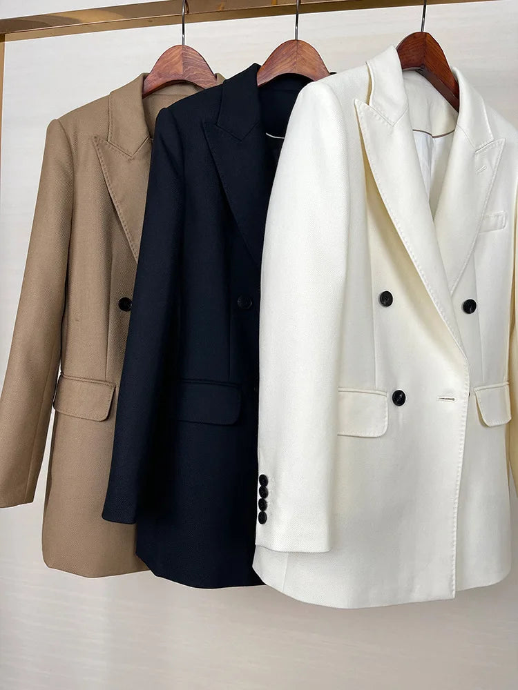 High-end Suit Jacket Women Autumn 100% Wool Horn Buckle White Small Suit 2024 Winter Black Double-Breasted Slim Commuter Classic
