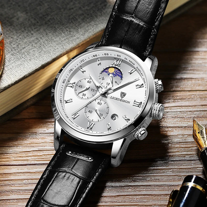 LIGE New 24 hour Moon Phase Watch Men Fashion Army Military Quartz Men Watch Leather Waterproof Sports Chronograph Reloj Hombre