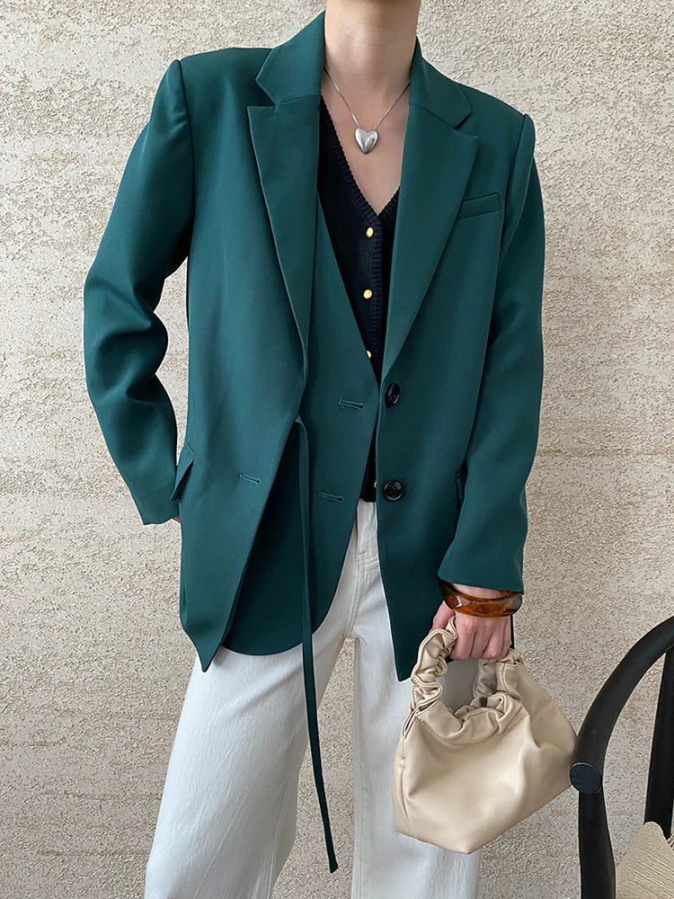 [LANMREM] Designer Asymmetric Spliced Design Lace-up Gathered Waist Blazers For Women Notched Fit Jackets 2025 Winter New 26C565