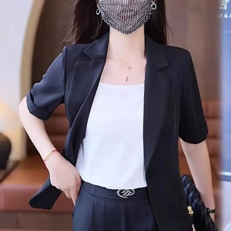 Women's Summer New Fashion Short Sleeved Suit Pants Two Piece Korean Elegant Thin Casual Blazers Jacket Trousers Matching Set