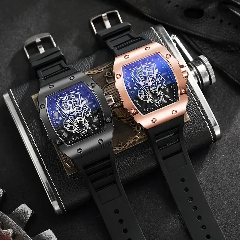 Custom-Made Numberless Men's Watch Fashionable Wine Barrel Style Sports Dial British Quartz Watch with Silicone Band China Made
