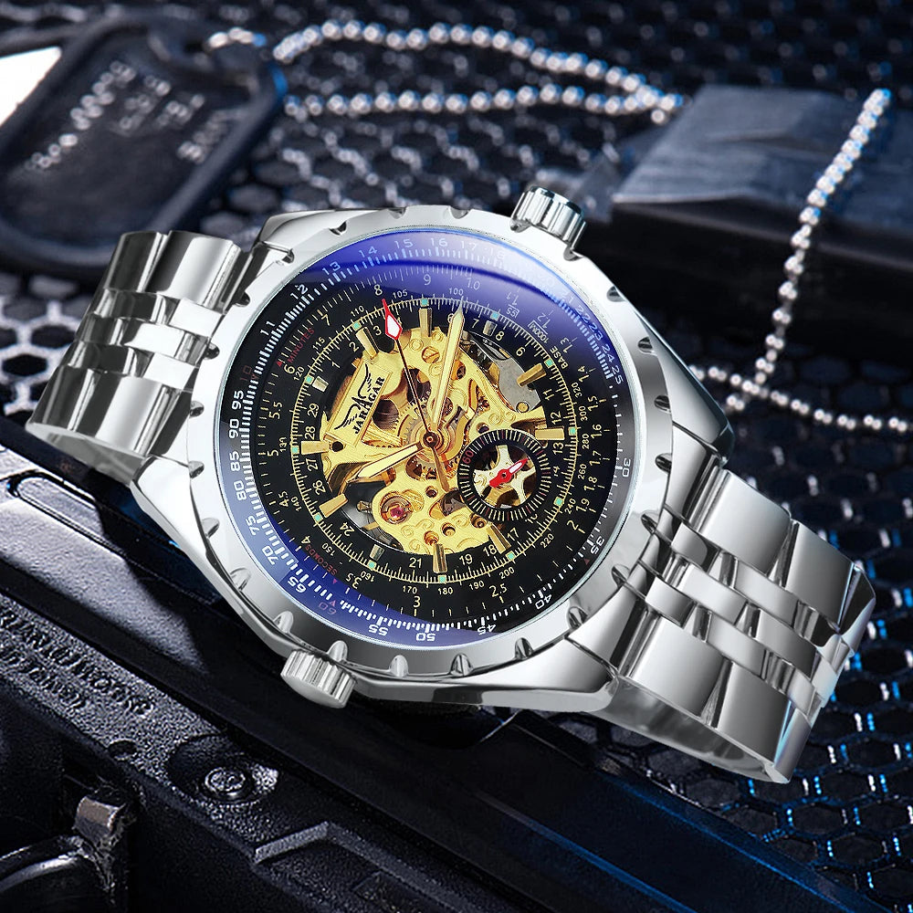 JARAGAR Military Steampunk Skeleton Automatic Mechanical Watch