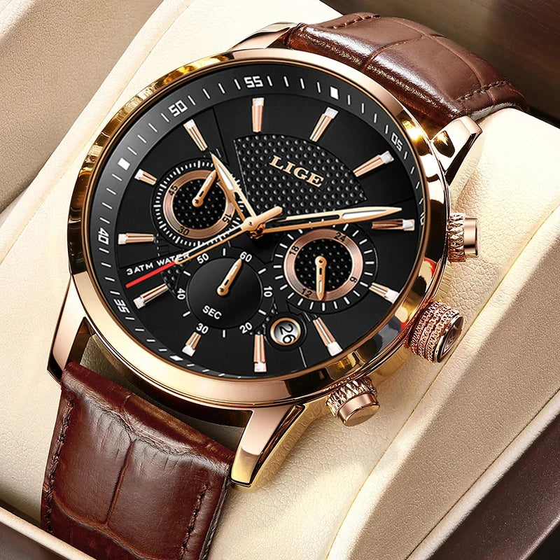 2025 LIGE Top Brand Luxury Casual Leather Quartz Men Watch Man Business Clock Male Sport Waterproof Date Chronograph Men Watches
