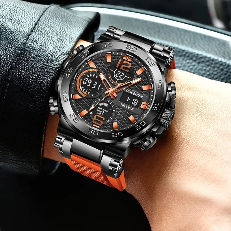 FOXBOX Fashion Mens Watch Dual Display Military Sports Man Watch Digital LED Luminous Calendar Waterproof Quartz Watches For Men