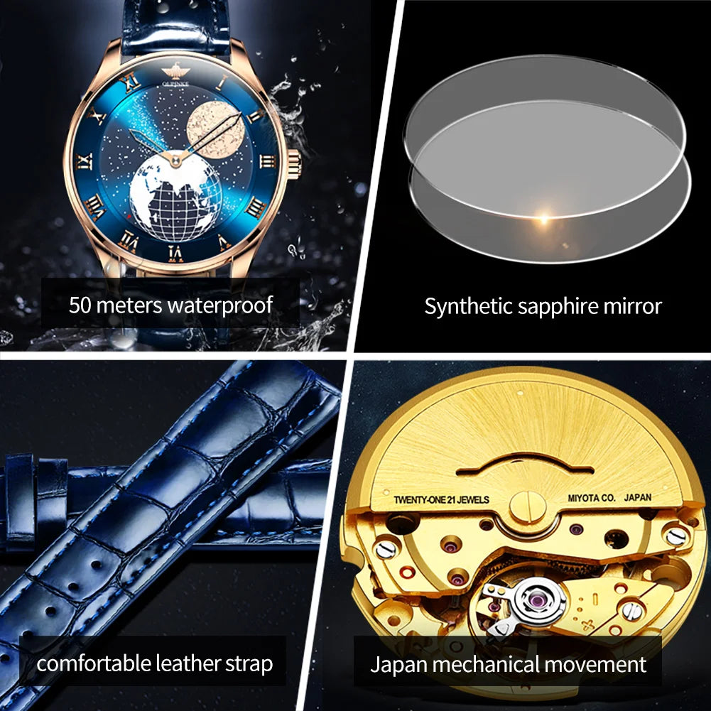 OUPINKE Moon Phase Watch for Men 3D Earth Starry Star Rotating Dial Automatic Mechanical Watches Luxury Brand Men's Moonswatch