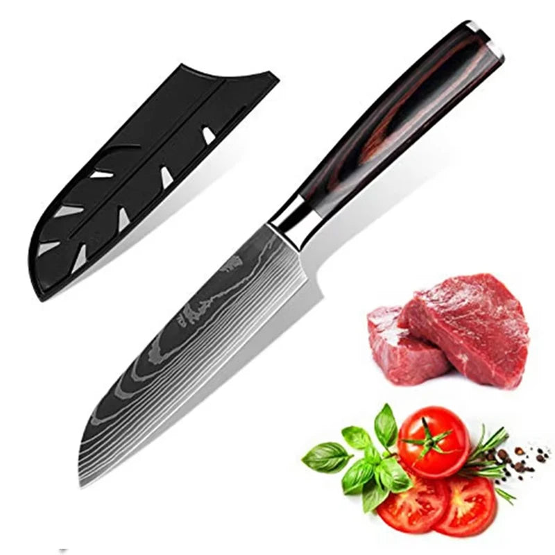 3PCS Kitchen Knife Set Laser Damascus Santoku Knife Utility Knife Professional Chef Knife Meat Cleaver Kitchen Accessories