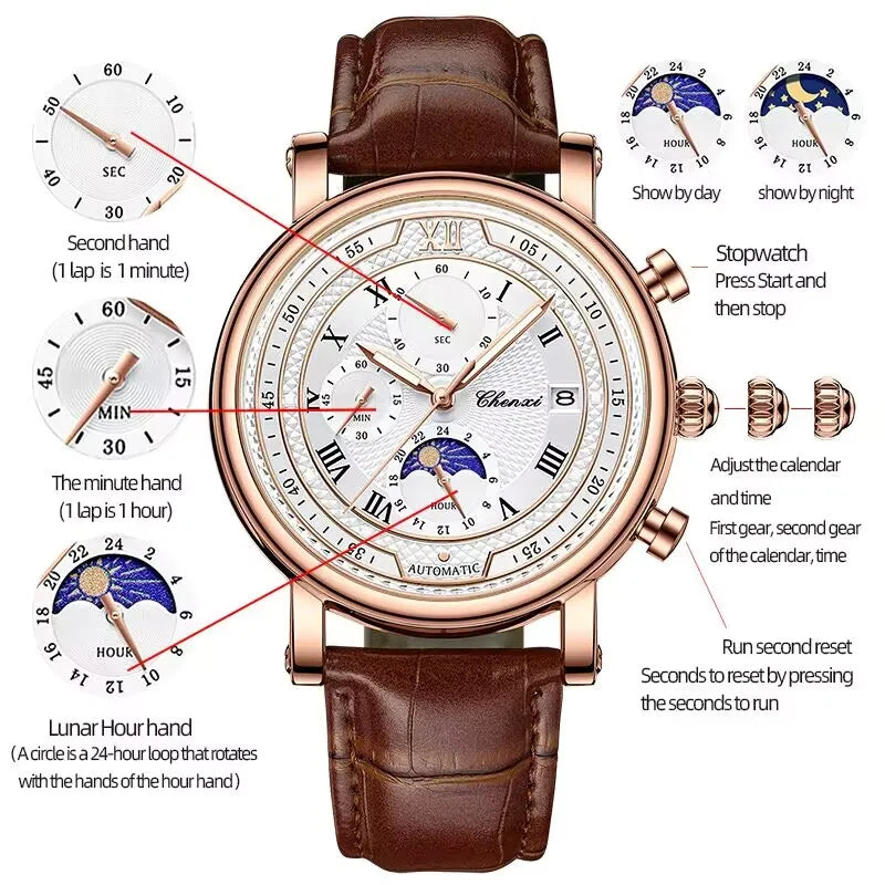 Lunar Executive - Men's Leather Chronograph Watch with Moon Phase