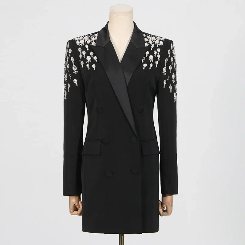 VGH Streetwear Spliceed Diamonds Slim Blazers for Women Notched Collar Long Sleeve Patchwork Button Temperament Coat Female New