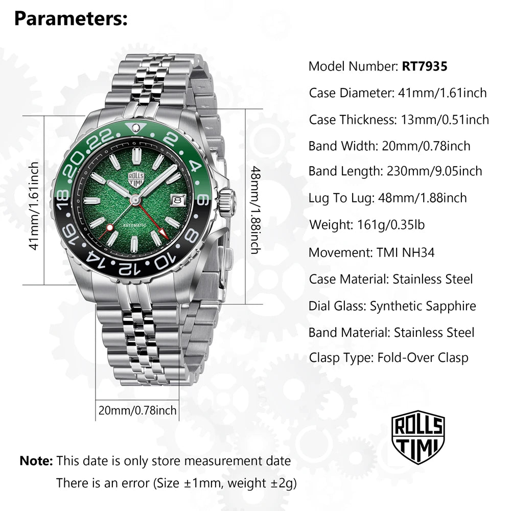2025 New GMT Men's Watches RollsTimi Automatic Watch For Man NH34 Mechanical Wristwatches AR Sapphire Mirror Luminous Waterproof