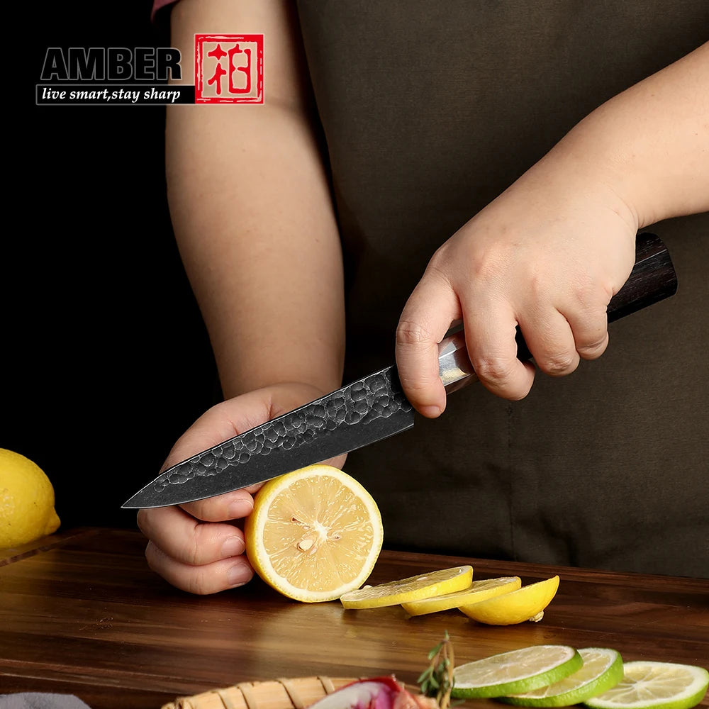 Amber Top Quality 440C high carbon steel black finish kitchen knife set with stablized wood
