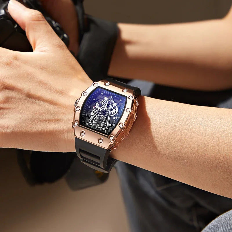 Skeleton Men's Watch Fashion Automatic Movement Barrel Luminous Waterproof Clock Sports Male's Silicone Strap Quartz Wristwatch