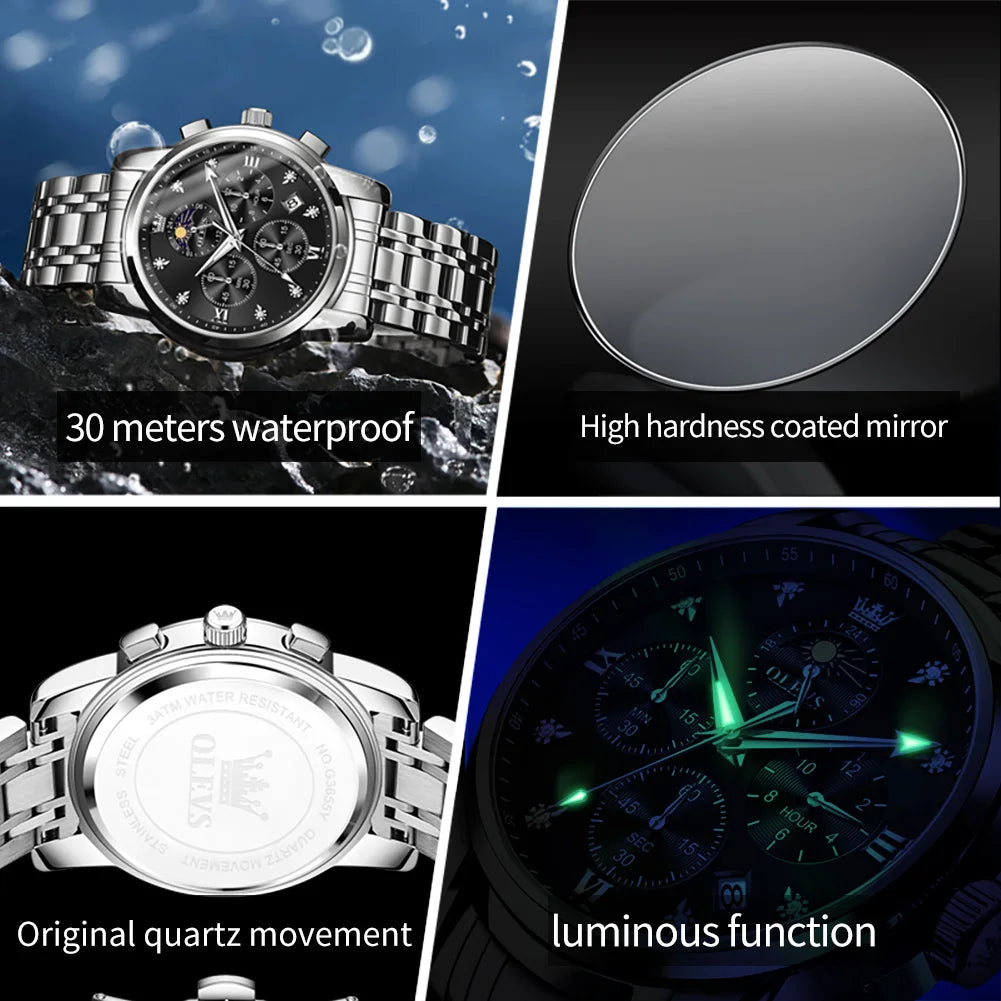 OLEVS Moon Phase Men's Watches Automatic Date Chronograph Waterproof Luminous Classic Original Quartz Watches Man 3655 Watch Men