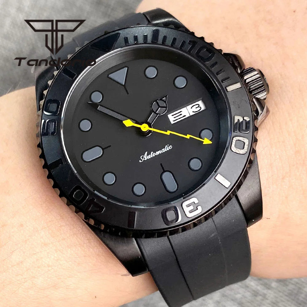 Tandorio Black Pvd Case Dress NH36A 40mm Automatic Watch for Men Rubber Strap Week Date Display Ceramic Rotating Bezel Sapphire