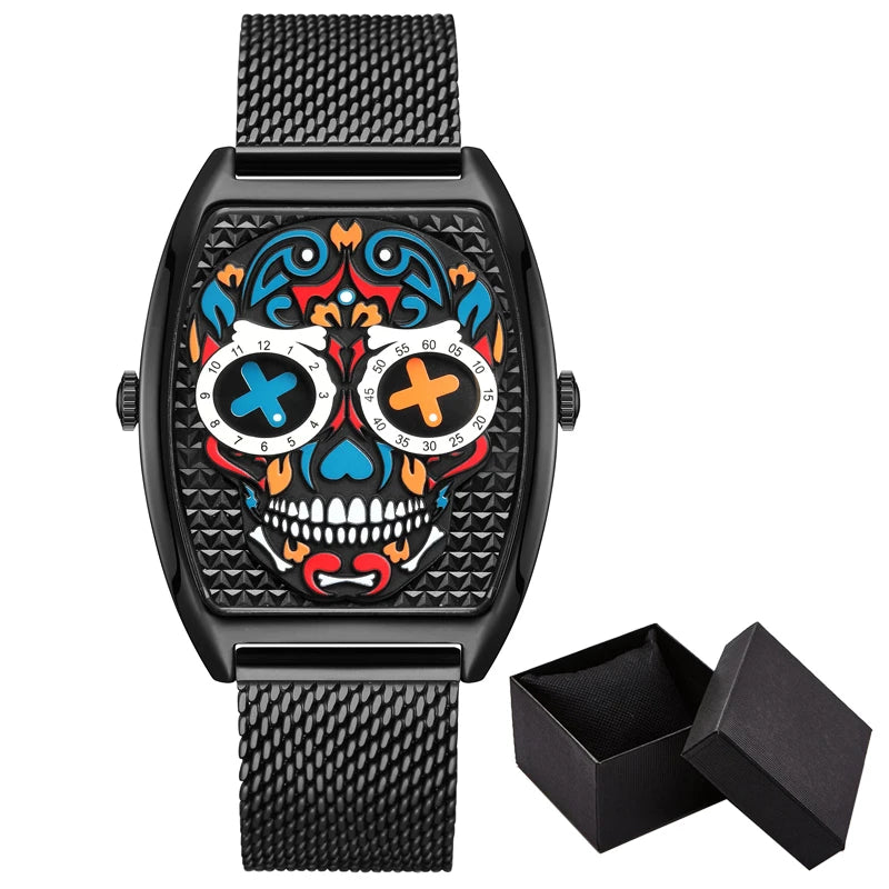 Skull Clock Quartz Wristwatch Men Watch Black Skeleton Watches High Quality Steampunk Reloj Hip Hop Man Hombre Relogio Masculino
