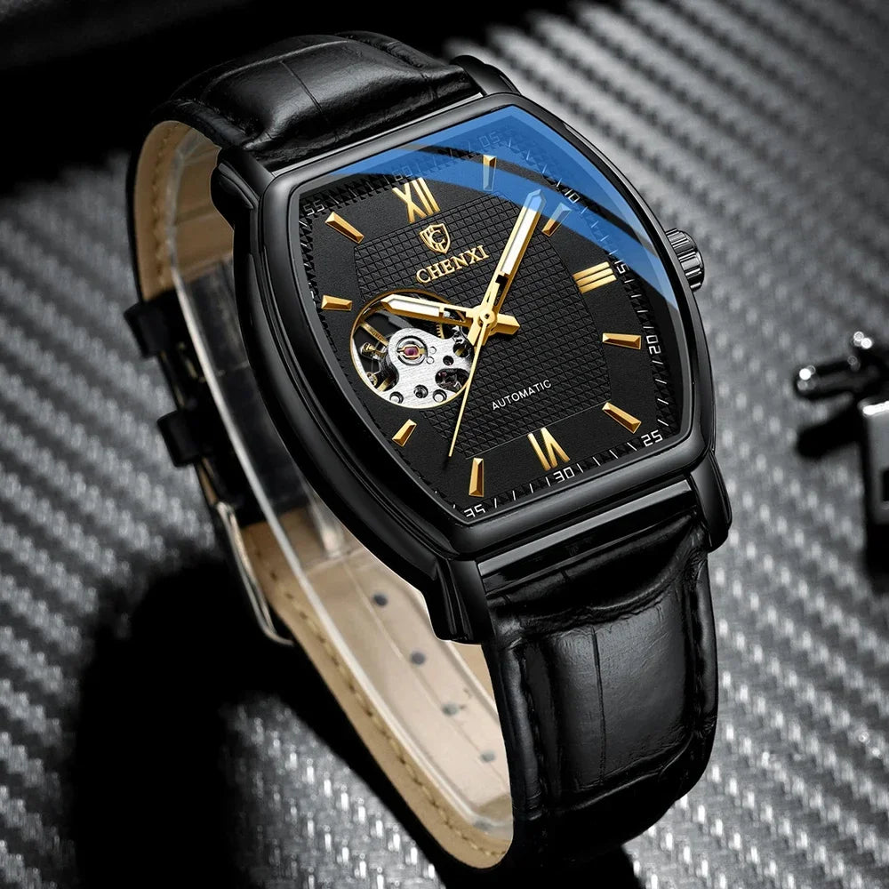 Tonneau Skeleton Automatic Watch - Barrel-Shaped Mechanical Timepiece for Men