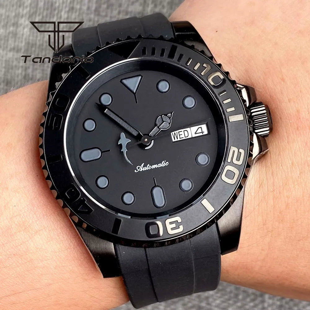 Tandorio Black Pvd Case Dress NH36A 40mm Automatic Watch for Men Rubber Strap Week Date Display Ceramic Rotating Bezel Sapphire