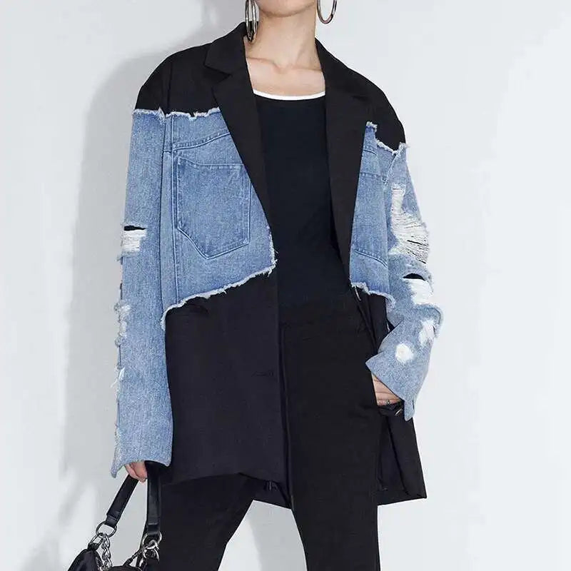 DEAT Women's Blazer Notched Collar Patchwork Burrs Edge Denim Broken Holes Loose Suit Jackets 2025 Summer New Fashion LM0107