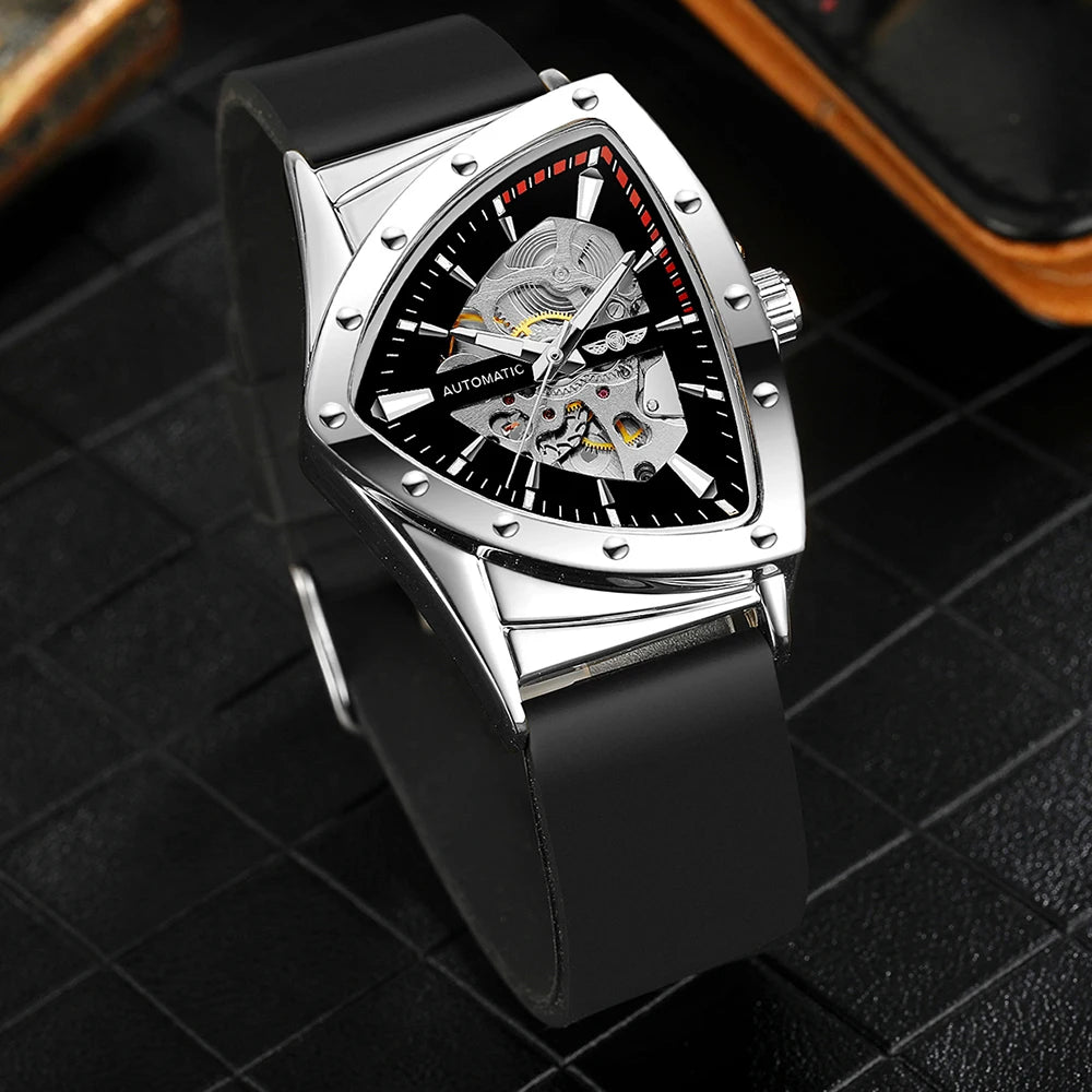 T-Winner High Range Men's Automatic Mechanica Watches Luminous Luxury Tourbillon Gold Wristwatch Rubber Strap Triangle Skeleton