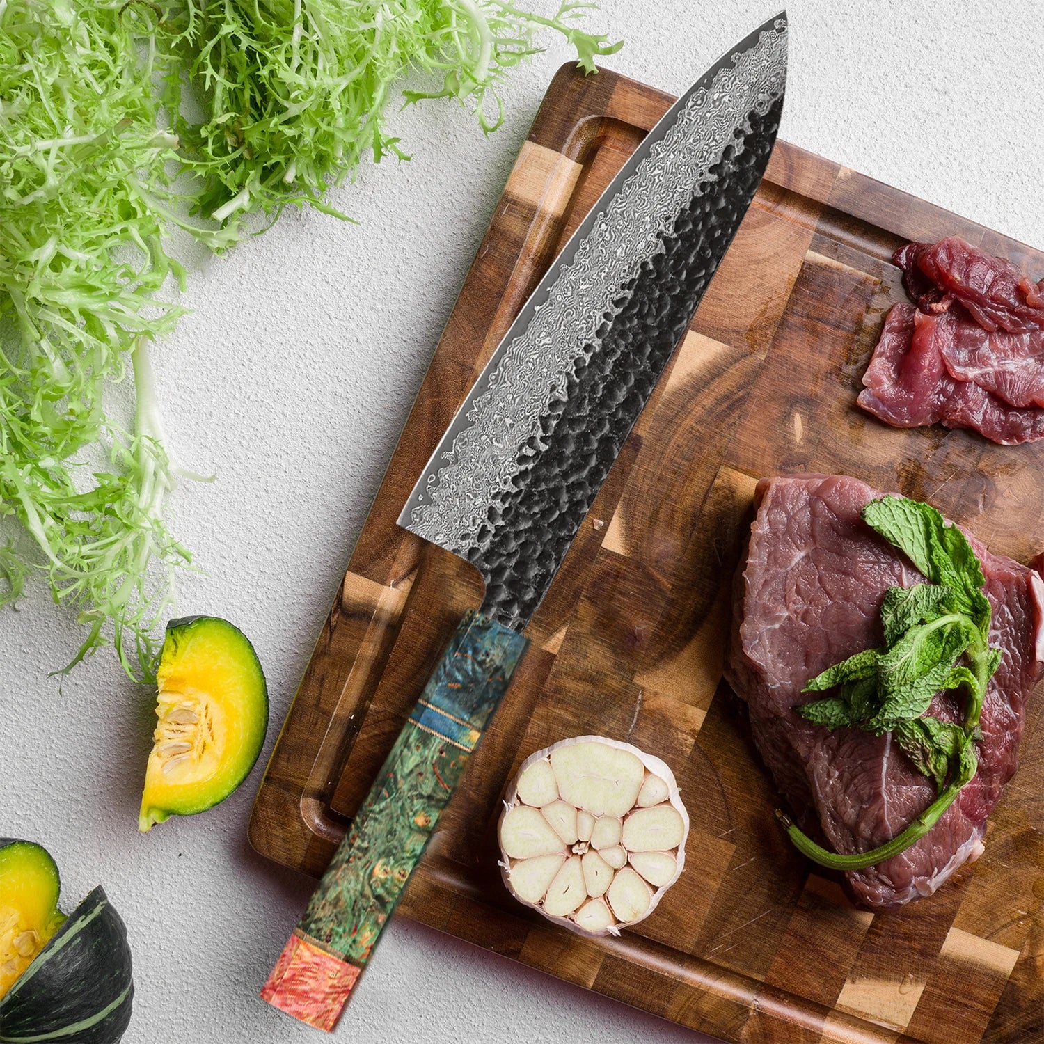 Japanese Kitchen Knife Set Handmade Forged Damascus Steel Santoku Custom 8 inch Chef Knife