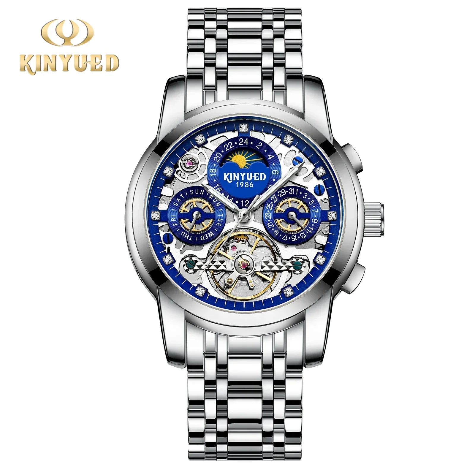 Tourbillon Automatic Watch for Men Diamond Moon Phase Mechanical Mens Watches Waterproof Silver Gold Stainless Steel Wristwatch
