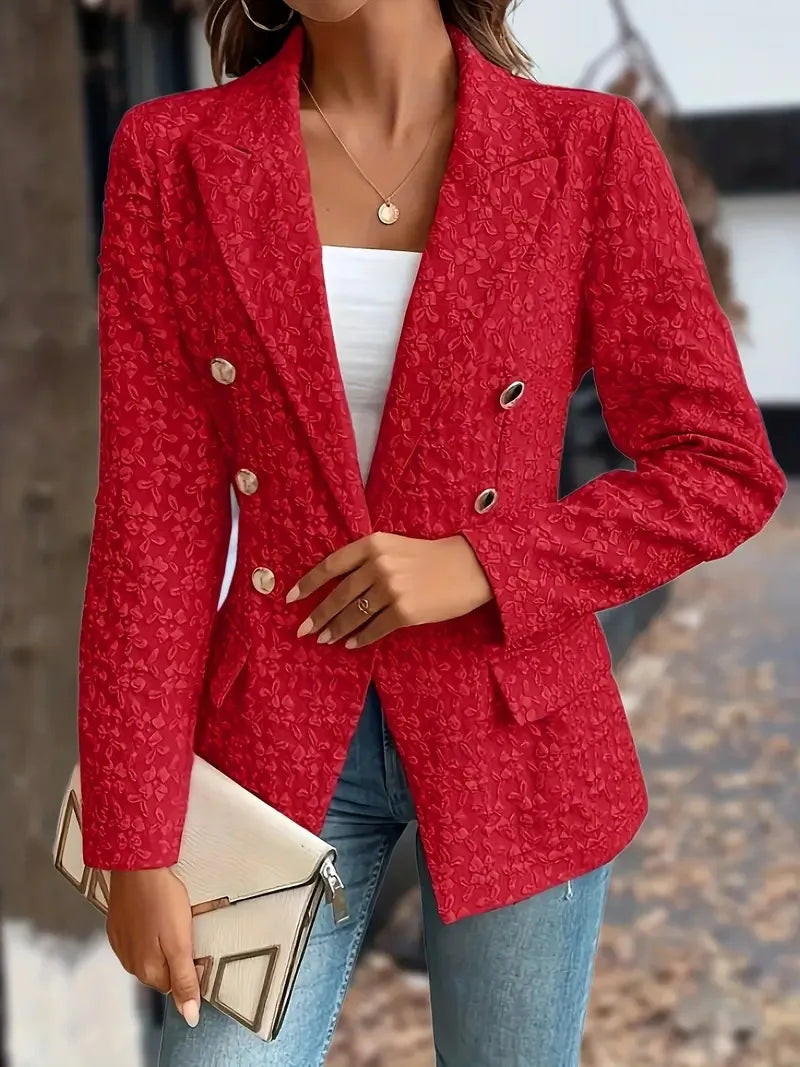 Women Fashion Blue  Blazer Jacket 2024 New Office Lady Double Breasted Pockets Vintage Female Coat 