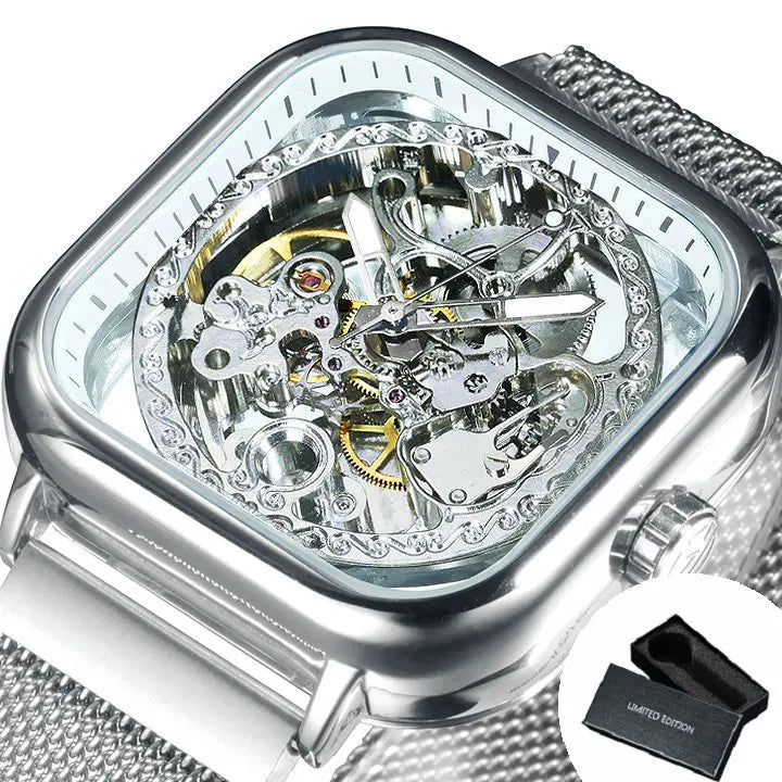 Forsining Square Skeleton Automatic Watch - Luxury Mesh Steel Strap Men's Timepiece