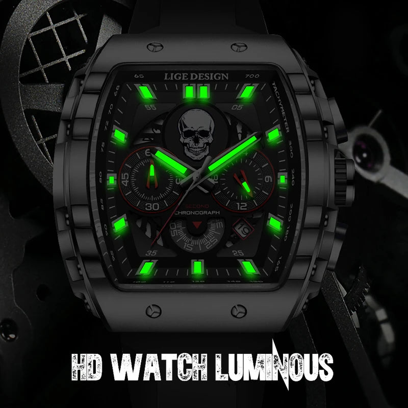 LIGE Brand Mens Watch Skeleton Skull Dial Sports Military Watches Men Fashion Luxury Waterproof Quartz Watch Chronograph Relogio
