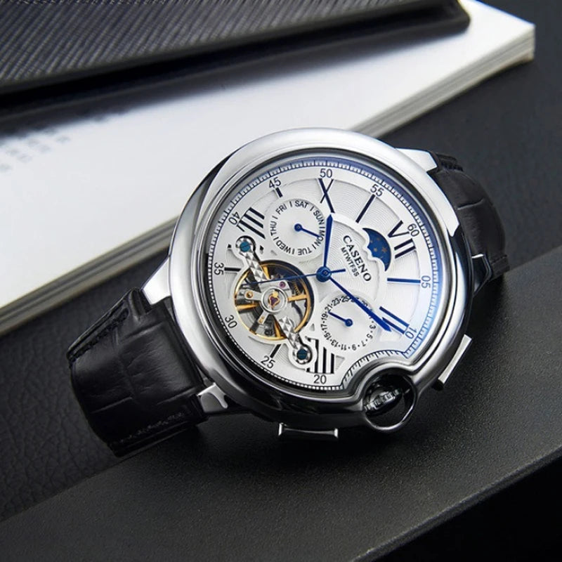 Men Watches Luxury Moon Phase Automatic Mechanical Watch Week Date Tourbillon Clock Leather Strap Waterproof Military Watch Men