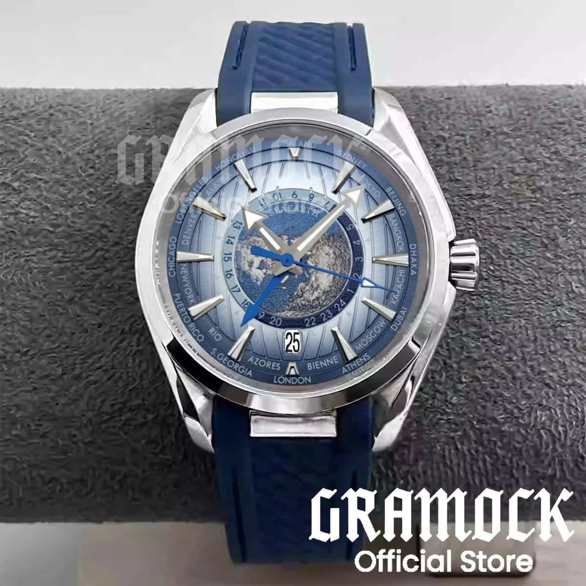 Gramock 40mm World Time GMT Zone Map Men's 6 o'clock Date Automatic Watch NH34A Mechanical Diving Wristwatch Steel/Rubber Strap