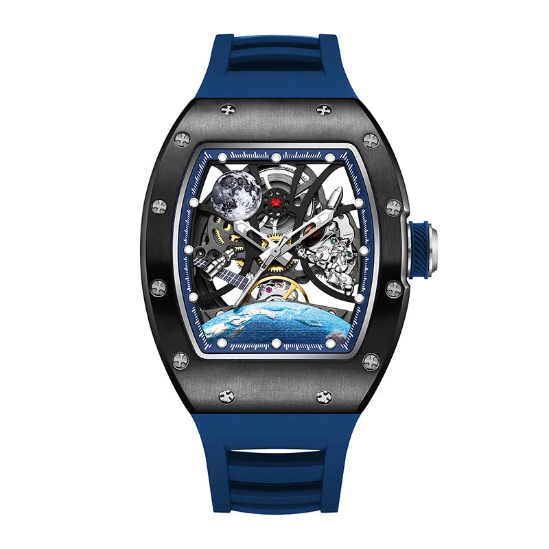 2025 New Top Brand Mens Automatic Watch Skeleton Tonneau Waterproof Wristwatch Luxury Clock Mechanical Watch for Men Earth dial