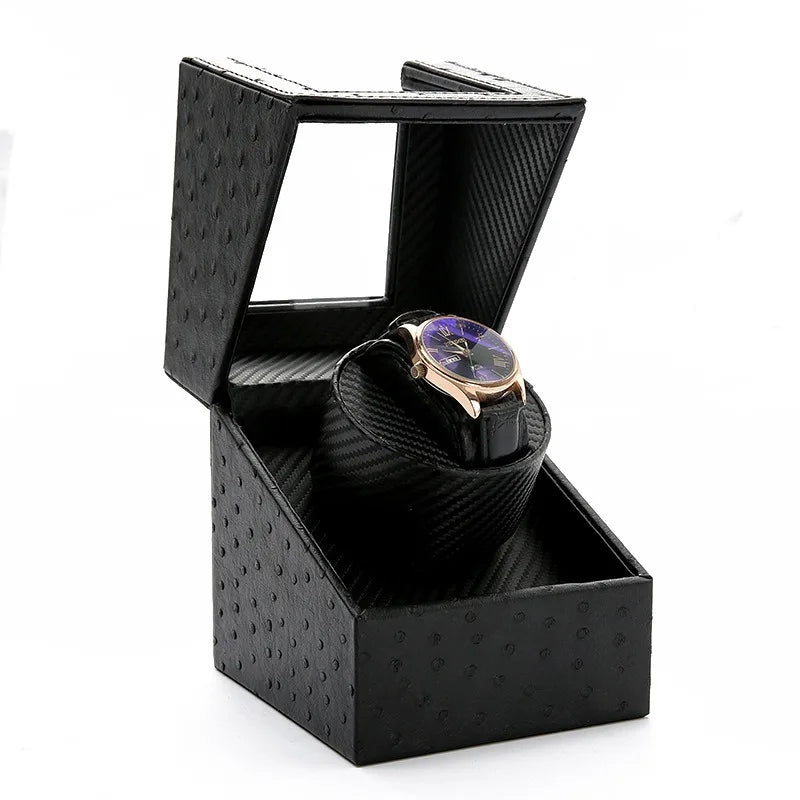 Automatic Single Watch Winder in Black PU Leather with Japanese Quiet Motor AC Adapter or Battery Powered Watch Winders