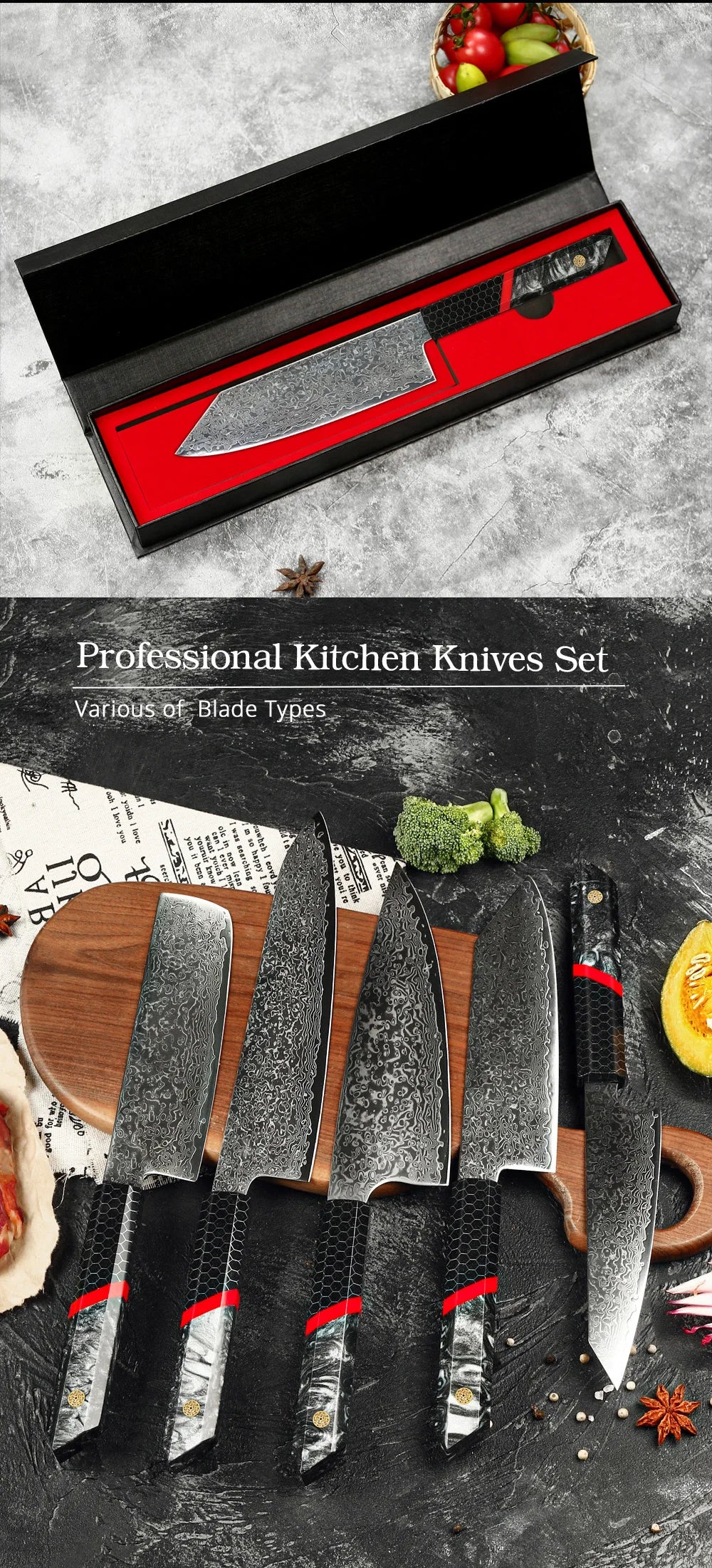 AMBER Kitchen Knife Set VG10  Damascus Steel Chef Knife Kitchen Accessories Professional Chef knives Cooking Tools
