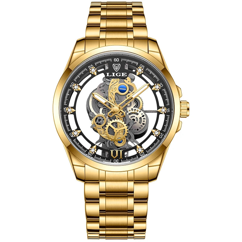 2024 LIGE Men Watch Skeleton Automatic Quartz Watch Gold Skeleton Vintage Man Watch Mens Watches Top Brand Luxury часы мужские