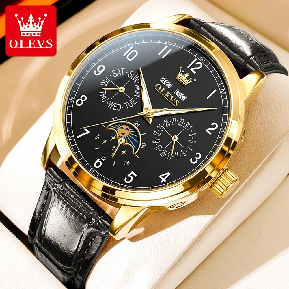 OLEVS 6698 Mens Watch Luxury Dress Brand Moon Phase Automatic Mechanical Watch For Men Leather  Waterproof Dual Calendar Watch