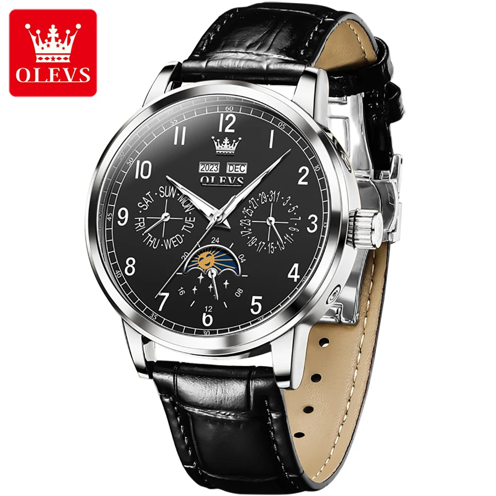 OLEVS 6698 Mens Watch Moon Phase Mechanical Watch for Men Number 42mm Big Dial Leather Hand Clock Waterproof Automatic Man Watch