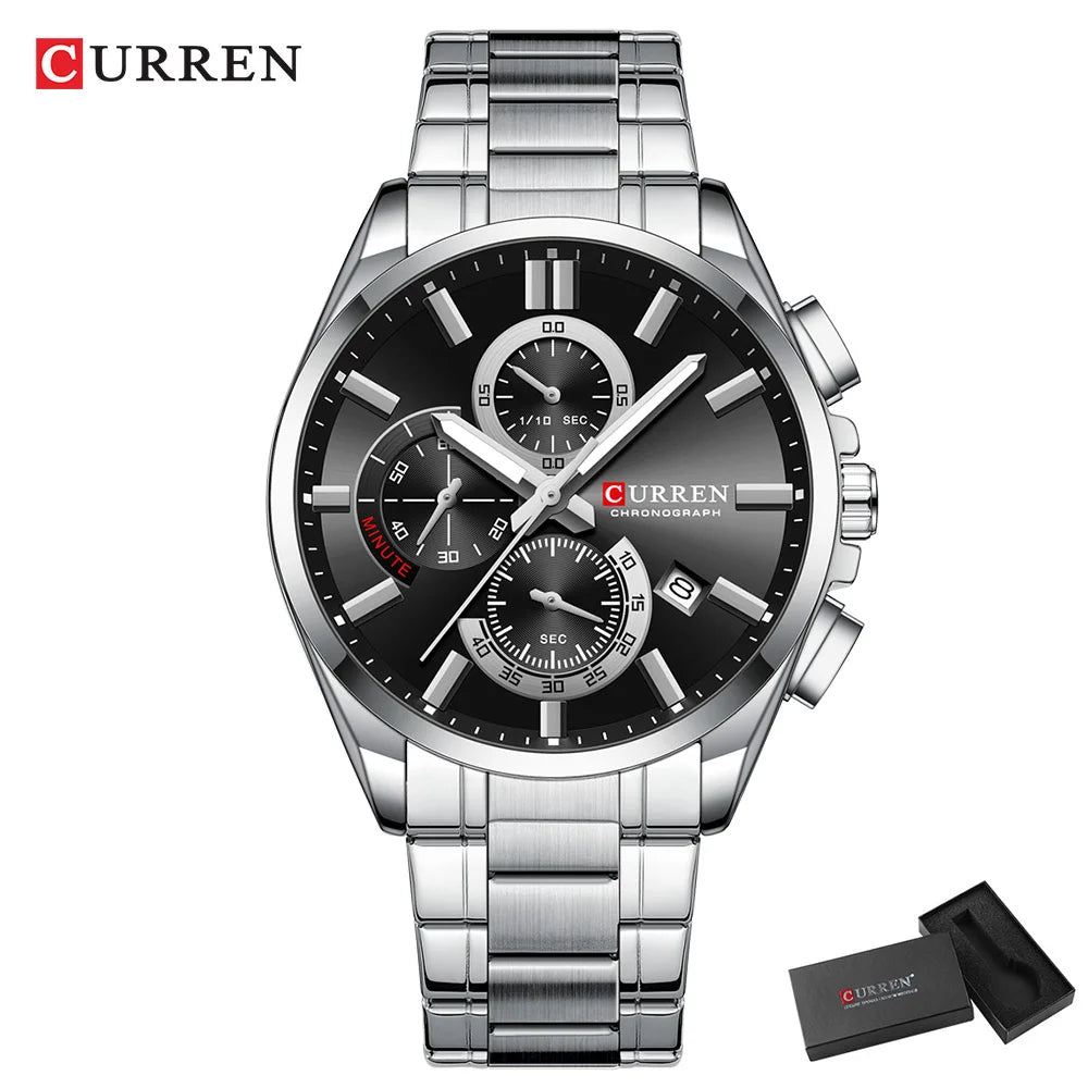 CURREN Men's Luxury Chronograph Watch - Moon Phase Waterproof Stainless Steel