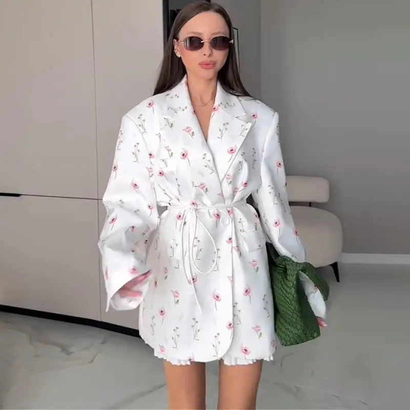 Fashion Printed Women's Blazer Coat Loose Lapel Long Sleeve Lace Up One Button Jacket Female 2025 Spring All-match Streetwear