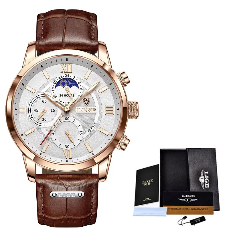 LIGE Cognac Classic 2024 - Premium Brown Leather Sport-Casual Watch