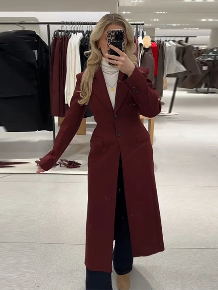 Long Waist Cinched Suit Coat Jacket V-Neck Commuter Minimalist Slim Fit Elegant Women Overcoat Top Professional Formal Spring