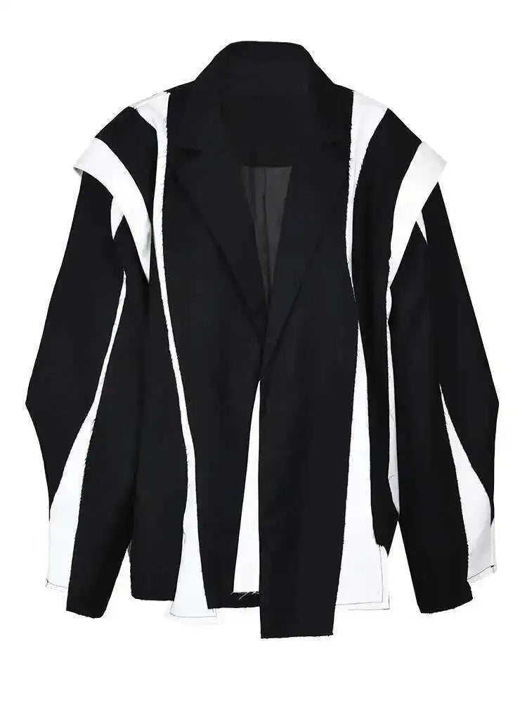[EAM]  Women Black Irregular Color-block Big Size Blazer New Lapel Long Sleeve Jacket Fashion Tide Spring Autumn 2025 1DF308001
