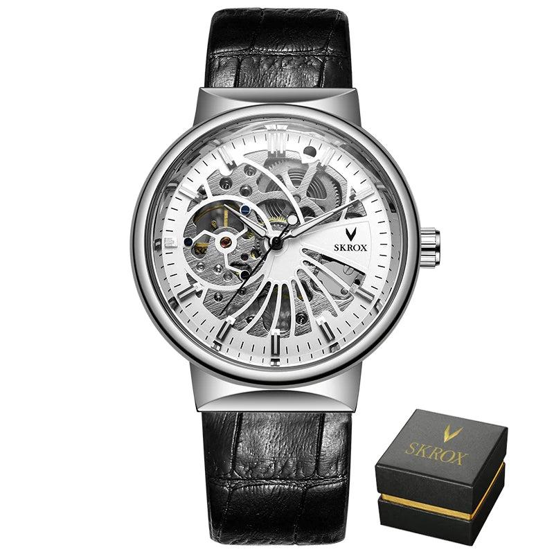 SKROX Vintage Skeleton Man Watch Thin Mechanical Luminous Male Wrist Watches Original Top Brand Luxury Clockwork reloj hombre