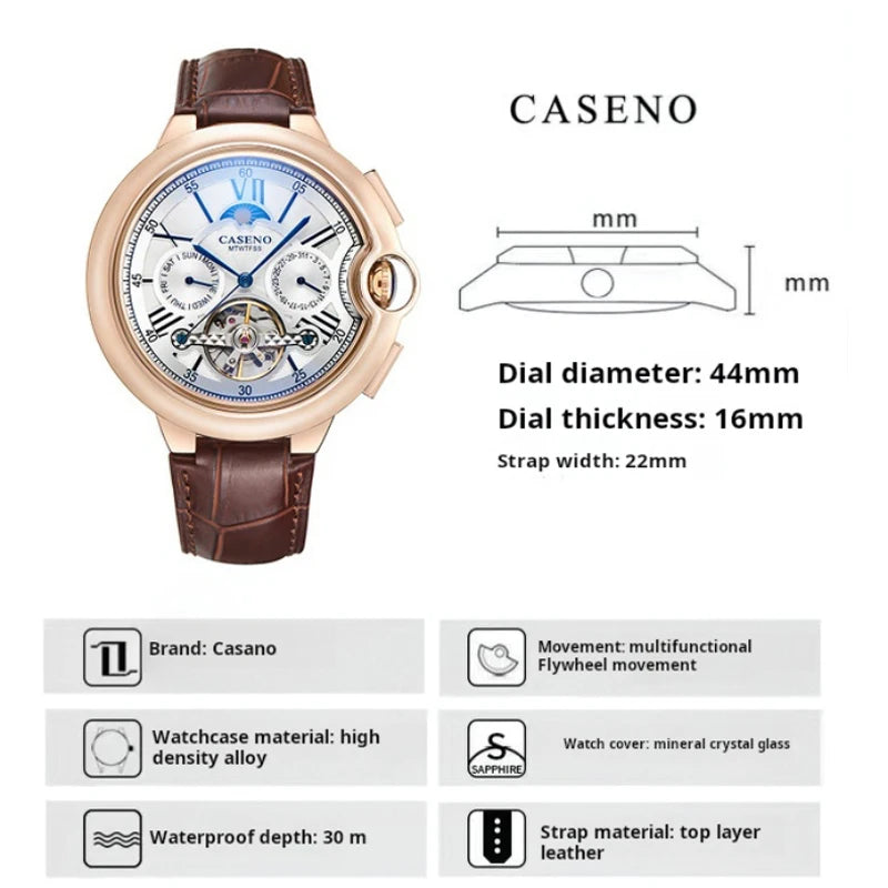 Men Watches Luxury Moon Phase Automatic Mechanical Watch Week Date Tourbillon Clock Leather Strap Waterproof Military Watch Men