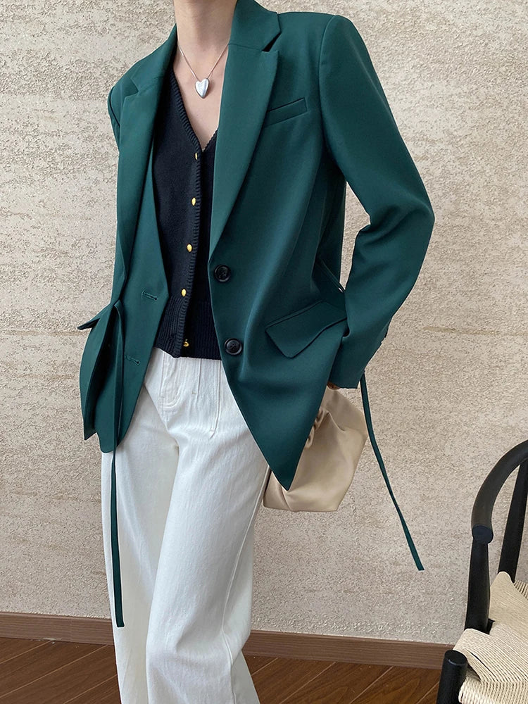 [LANMREM] Designer Asymmetric Spliced Design Lace-up Gathered Waist Blazers For Women Notched Fit Jackets 2025 Winter New 26C565