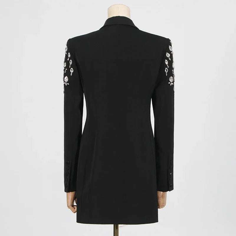VGH Streetwear Spliceed Diamonds Slim Blazers for Women Notched Collar Long Sleeve Patchwork Button Temperament Coat Female New